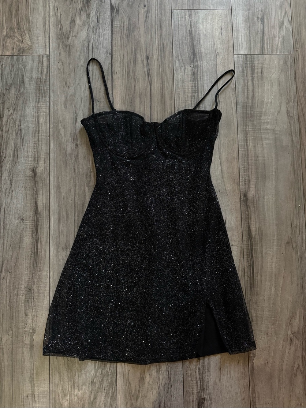 BABYBOO Black Glitter Fit & Flare Mini Dress M Adjustable Straps see through